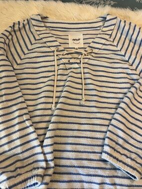 aerie Lace-Up Striped Pullover - Ivory & Blue size xl
